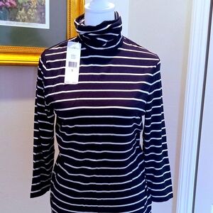 LAUREN Ralph Lauren Navy Blue and White Striped Turtleneck Top
